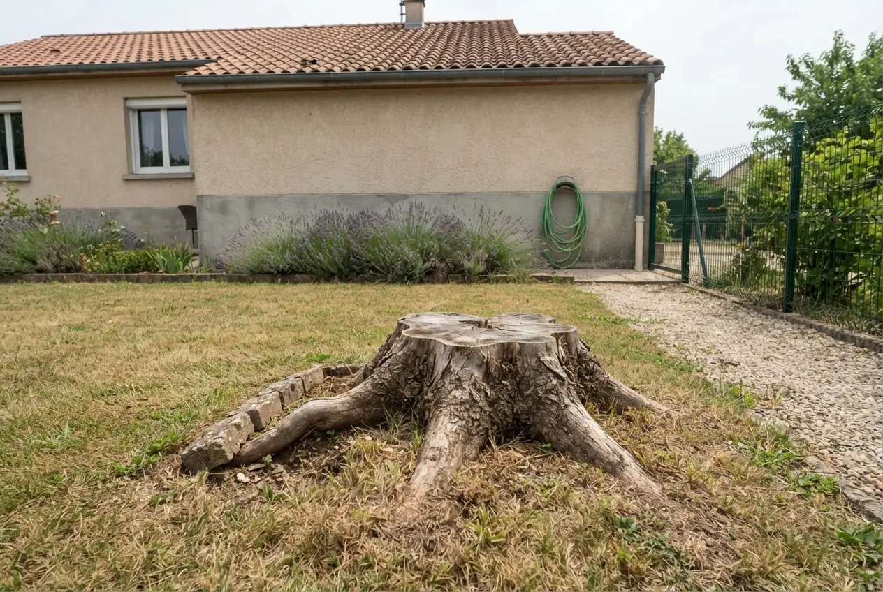 Ancienne souche de cyprès gênant un jardin à Saint-Péray