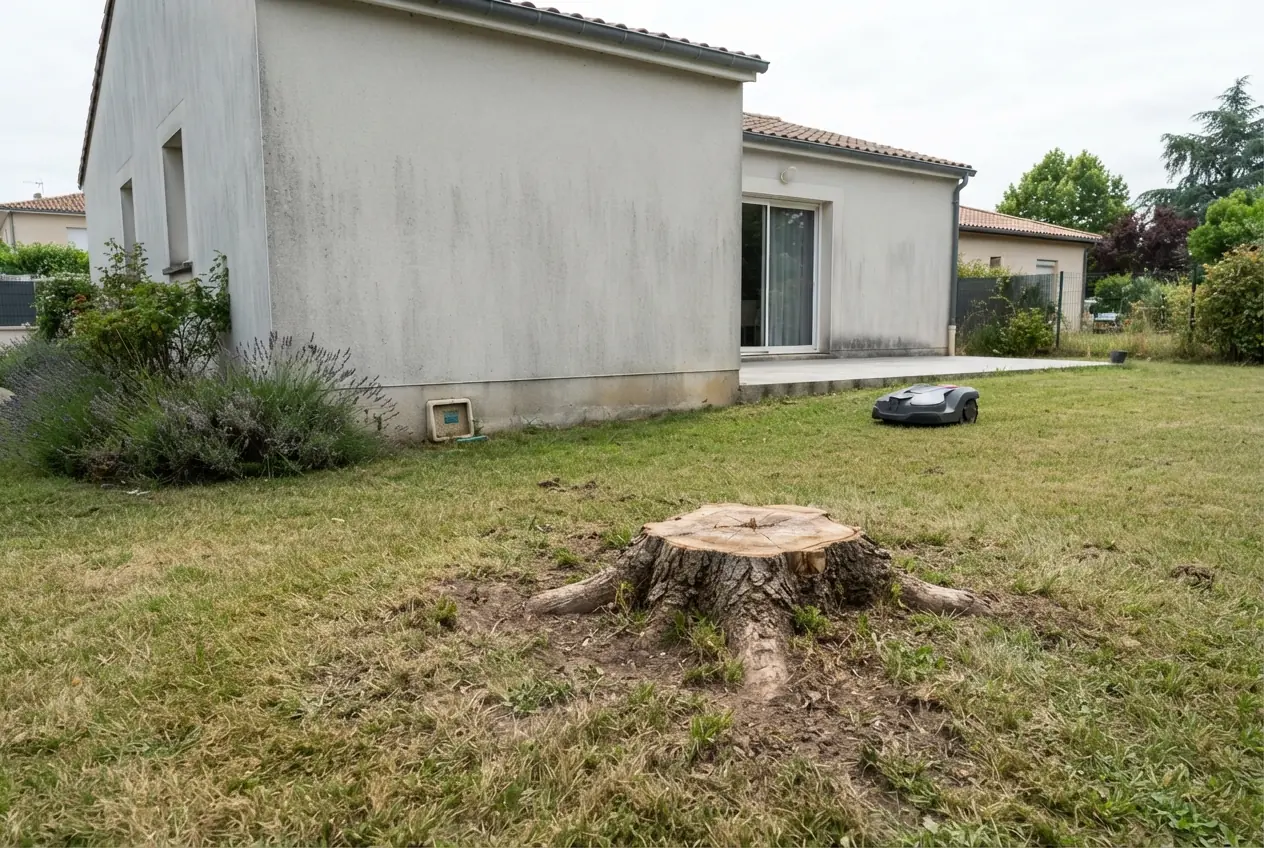 Souche d'érable avant rognage dans un jardin valentinois