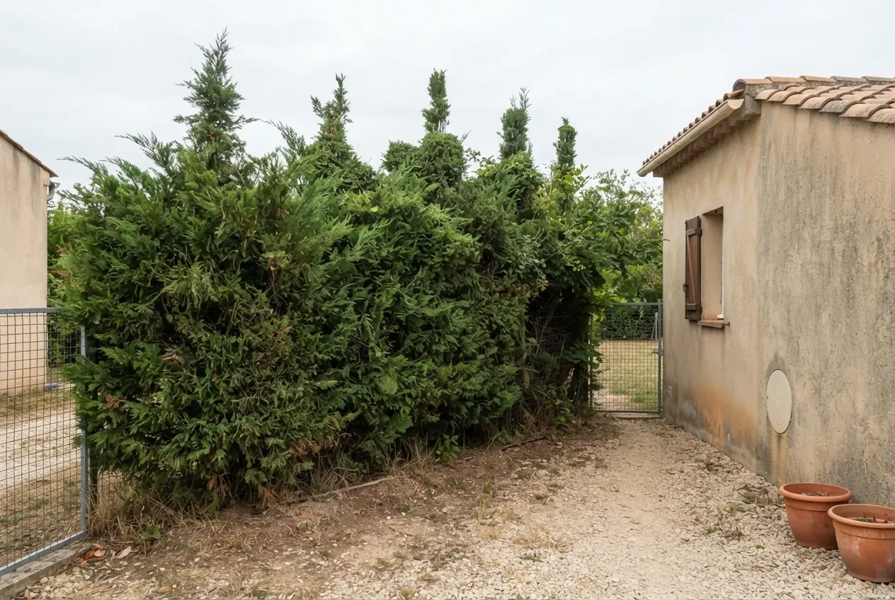 Haie de cyprès trop haute avant taille à Chabeuil