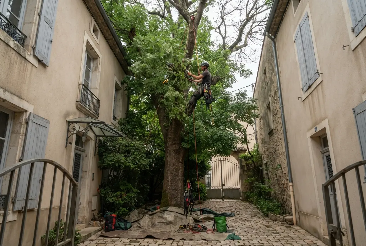 Élagueur grimpeur travaillant dans un arbre à Malissard